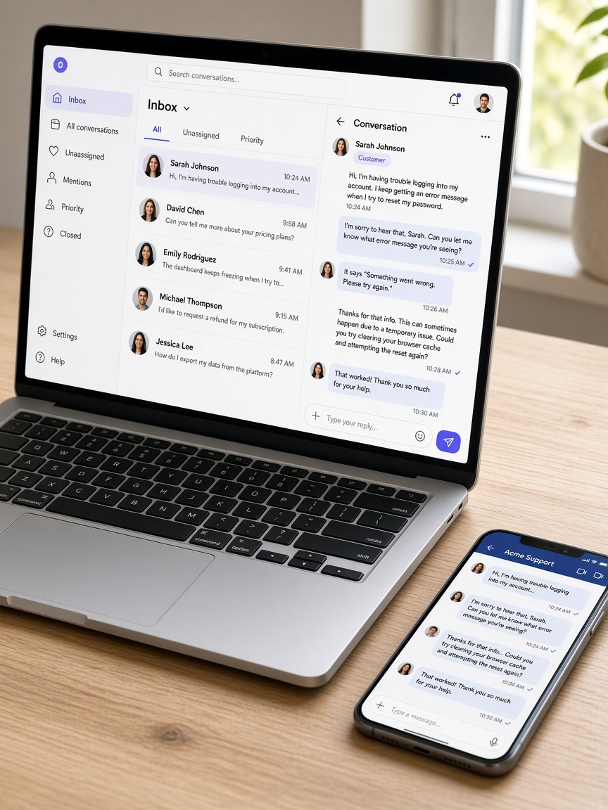 Laptop inbox and phone chat on a bright desk
